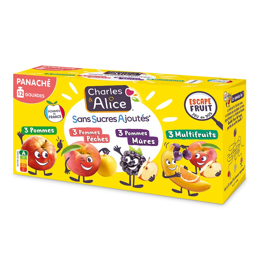 Charles et Alice - Gourdes - Panaché Pommes, P-Pêches, P-Mûres, Multifruits 